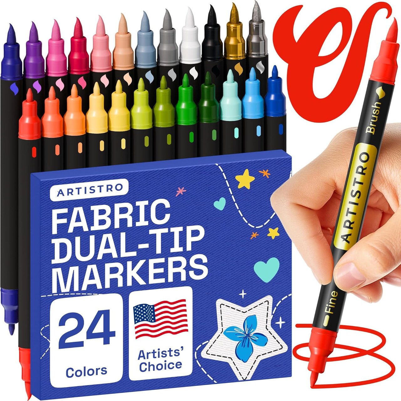 24 Dual-Tip Fabric Markers - Fabric Decorating Kit - Permanent for Clothes - No Bleed Pens for T-Shirts, Bags, Textile, Canvas, and More (Brush Tip and Fine Tip)